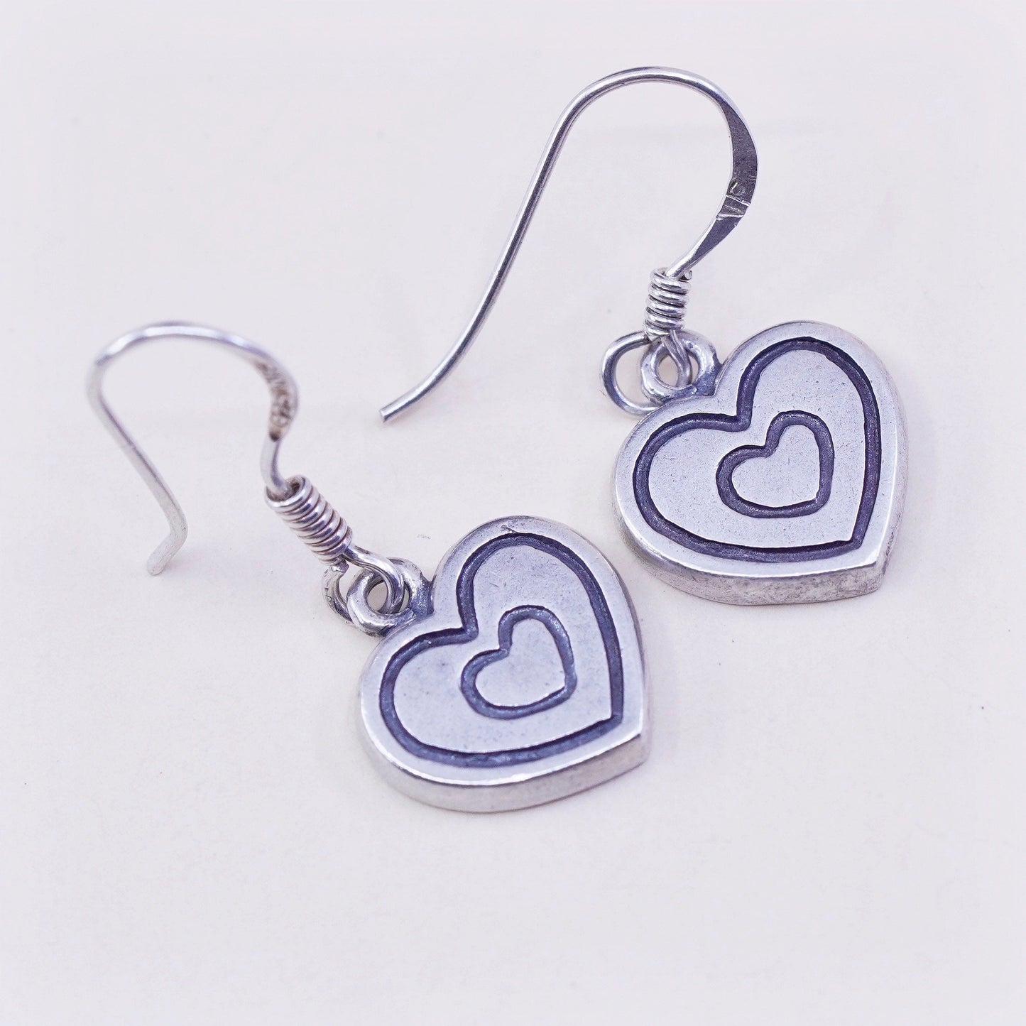 Vintage sterling silver handmade earrings, 925 heart dangles, stamped 925 NF