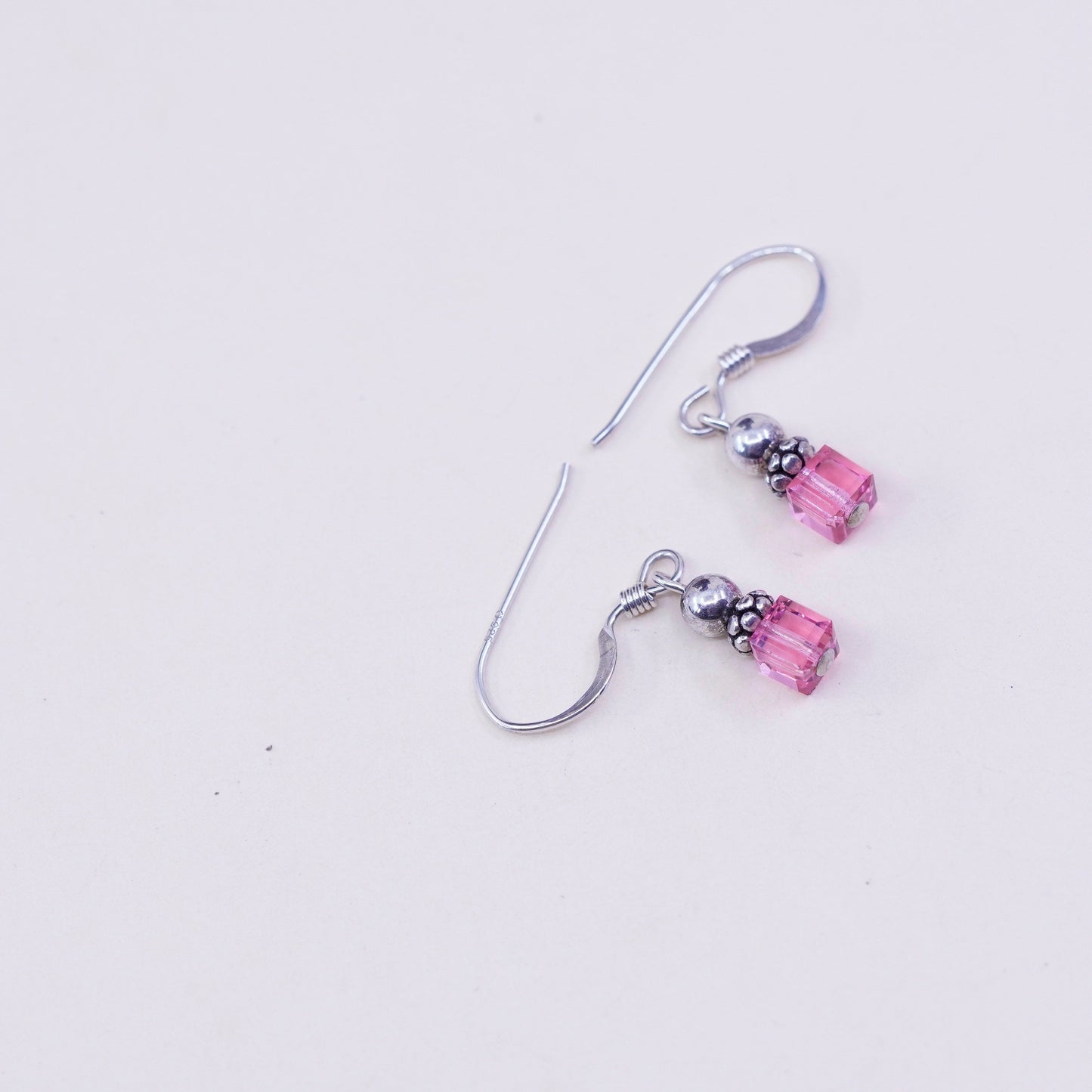 Vintage Sterling 925 silver handmade earrings, with pink crystal cube, stamped 925