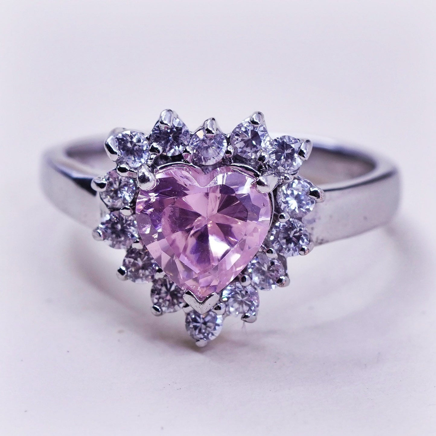Size 6.25, 2.8g, vintage 12K white gold engagement pink heart ring with Cz