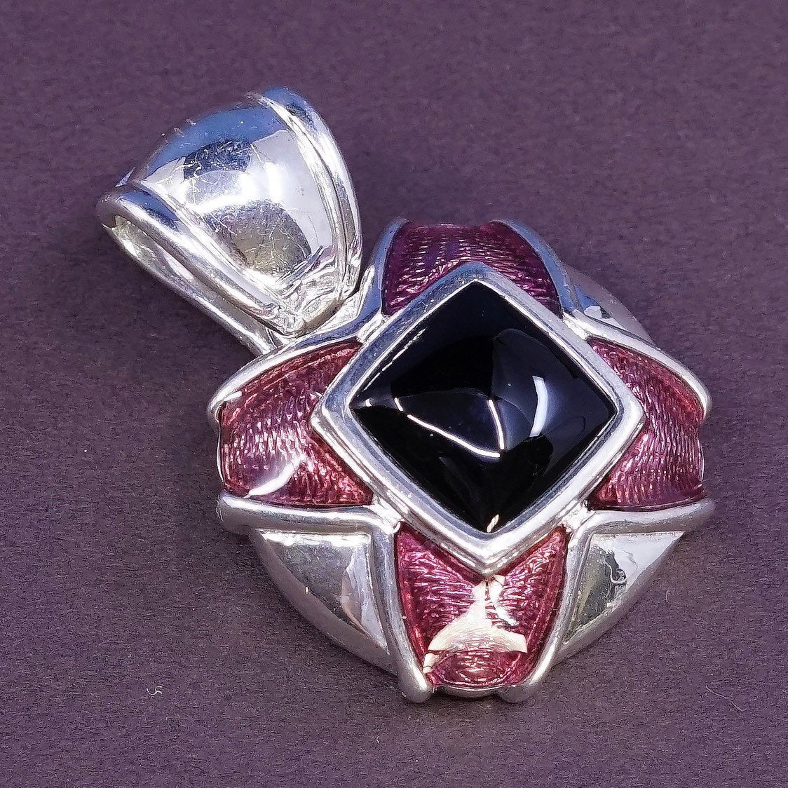 VTG CA square modern modernist sterling 925 silver pendant w/ obsidian N enamel