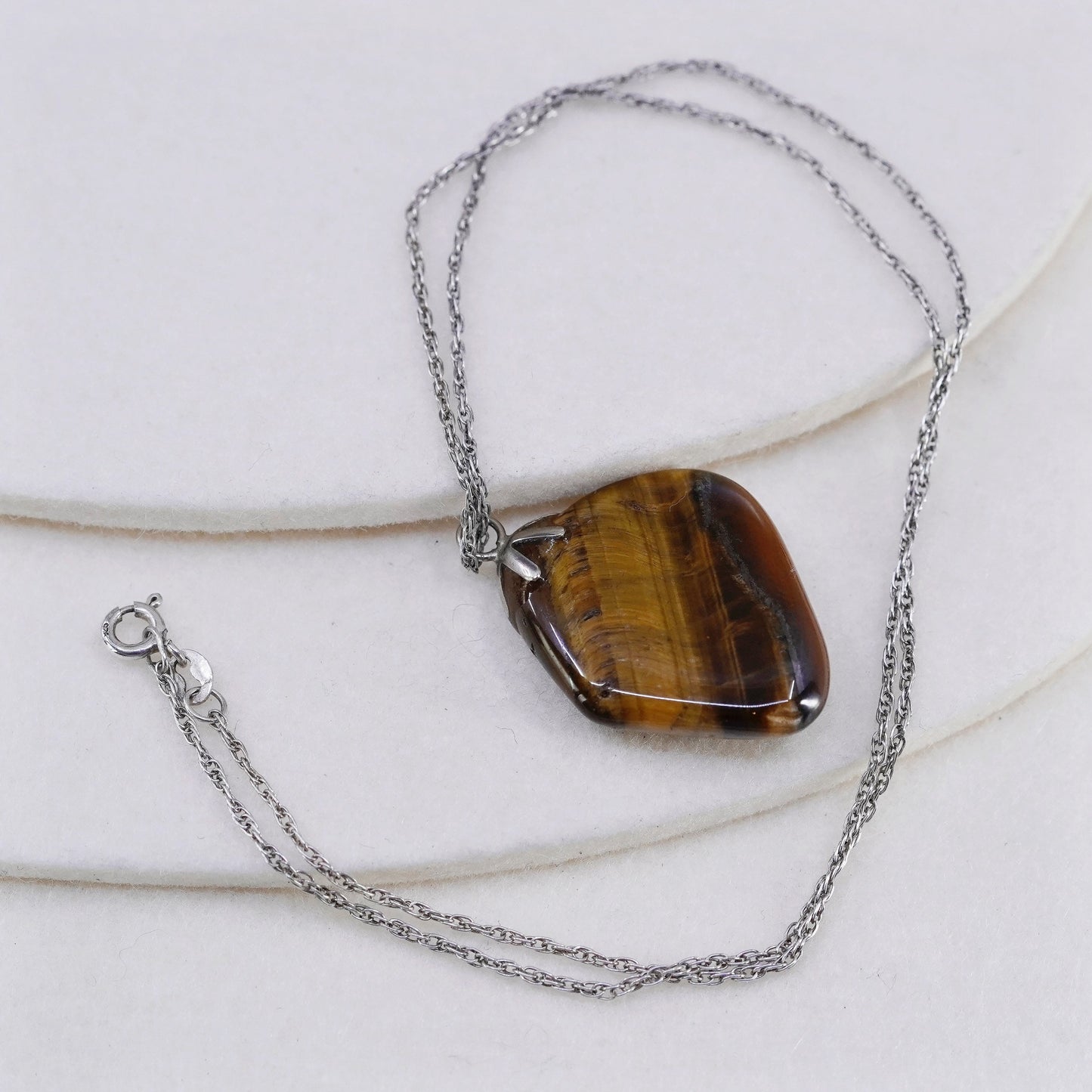 18”, Sterling 925 silver snake necklace with golden tiger eye nugget pendant