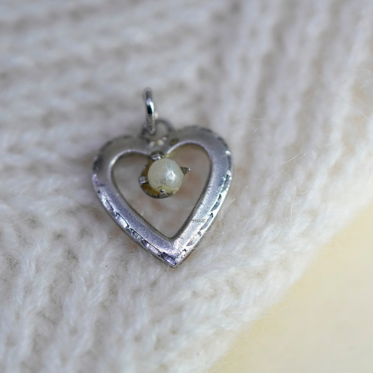 Vintage sterling silver heart charm, 925 pendant with glass bead