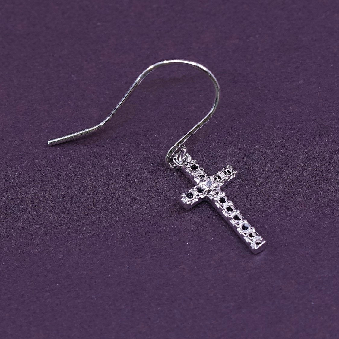 vtg Sterling silver handmade earrings, 925 cross dangle w/ diamond