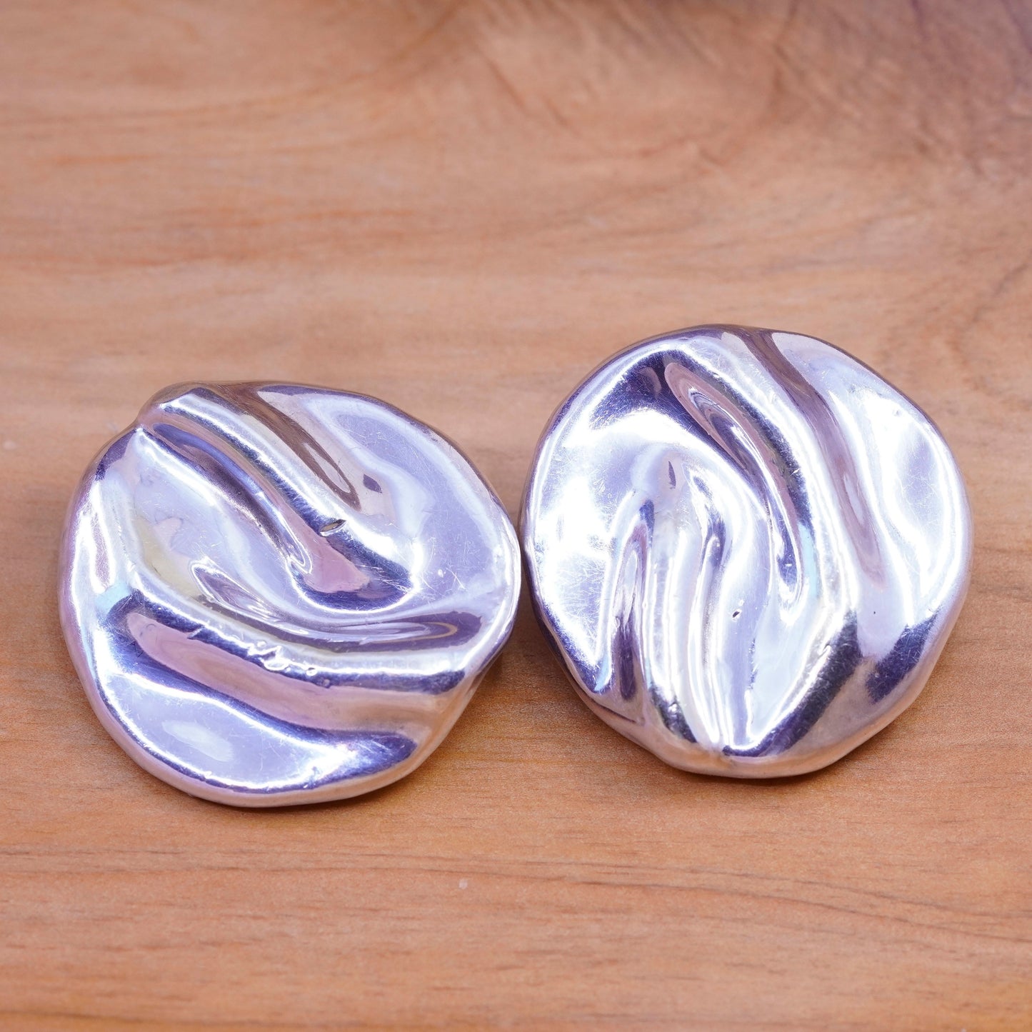 Vintage Sterling silver handmade clip on earrings, modern 925 wrinkly earrings
