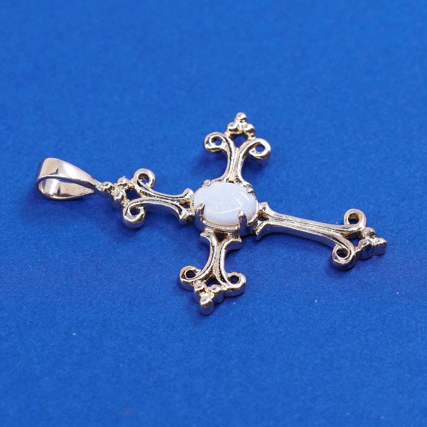 vtg vermeil gold Sterling silver handmade pendant, 925 cross w/ opal