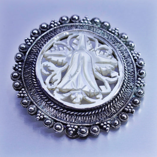 vtg sterling silver brooch, Jerusalem 925 filigree pin mother of pearl flower