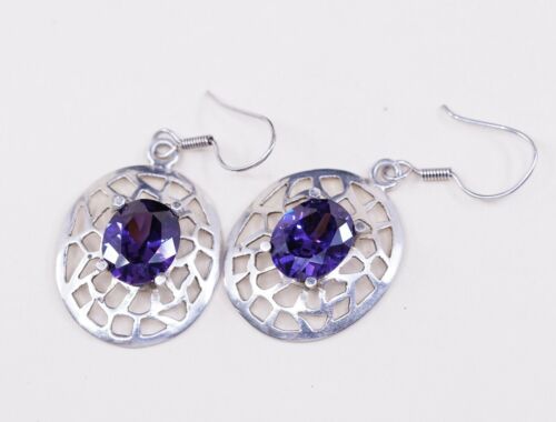 Vtg Sterling Silver Handmade Earrings, 925 Dangles W/ Amethyst N Filifree