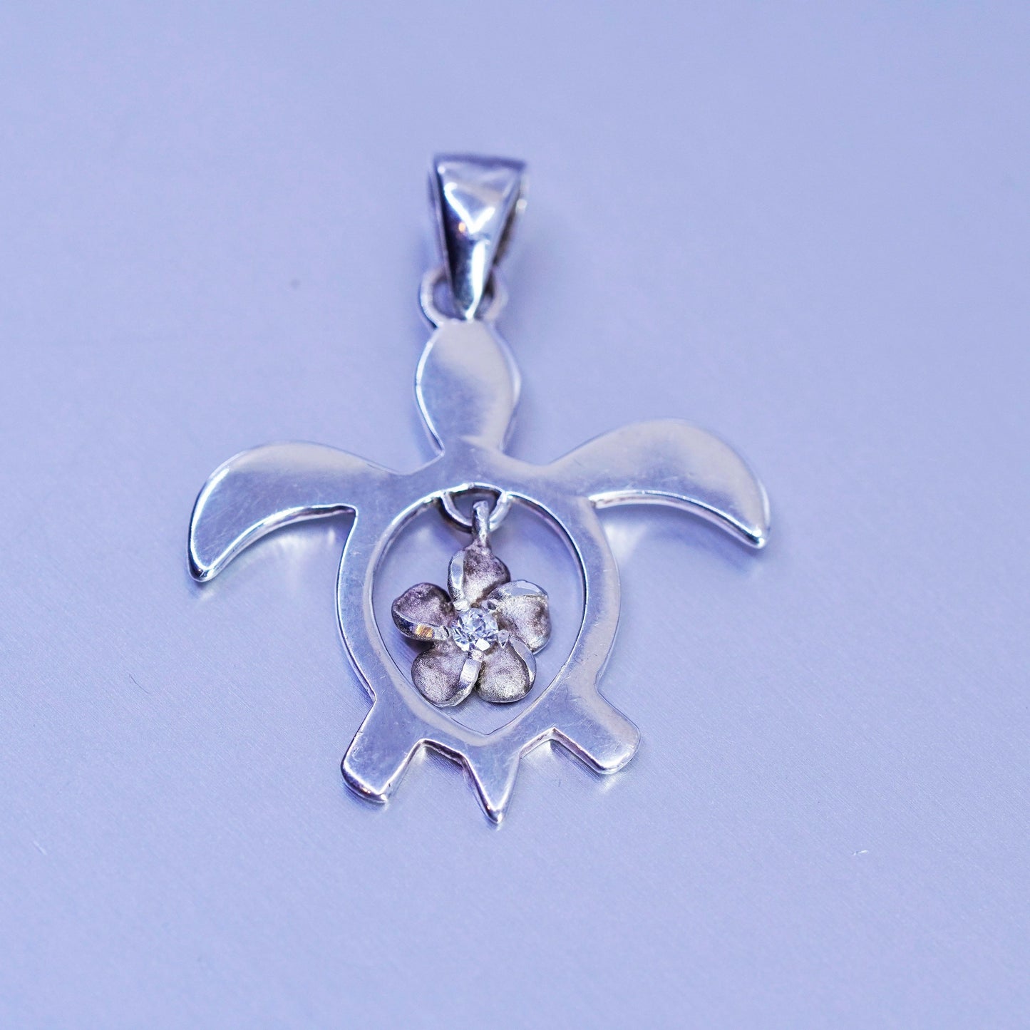 Antique Sterling 925 silver sea turtle charm pendant plumeria flower cz charm