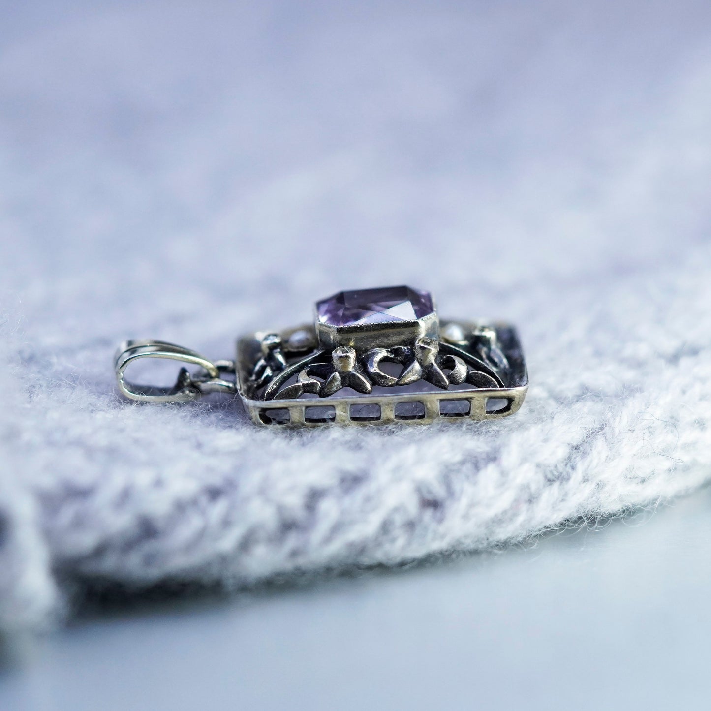 Vintage sterling 925 silver handmade filigree pendant with amethyst and crystal