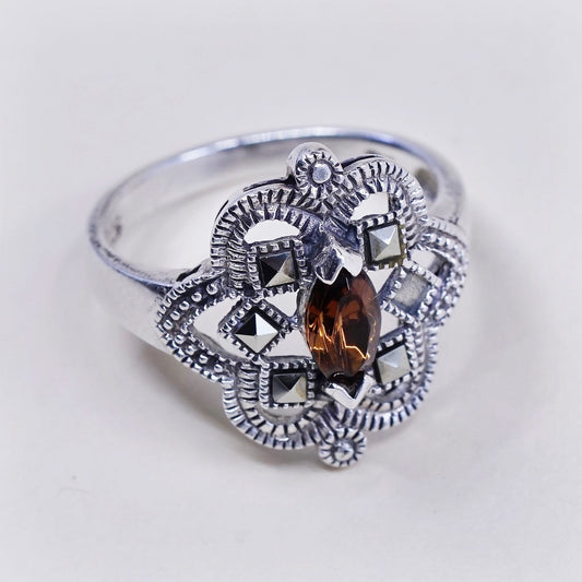 Size 6, Sterling 925 silver handmade ring with ruby and marcasite