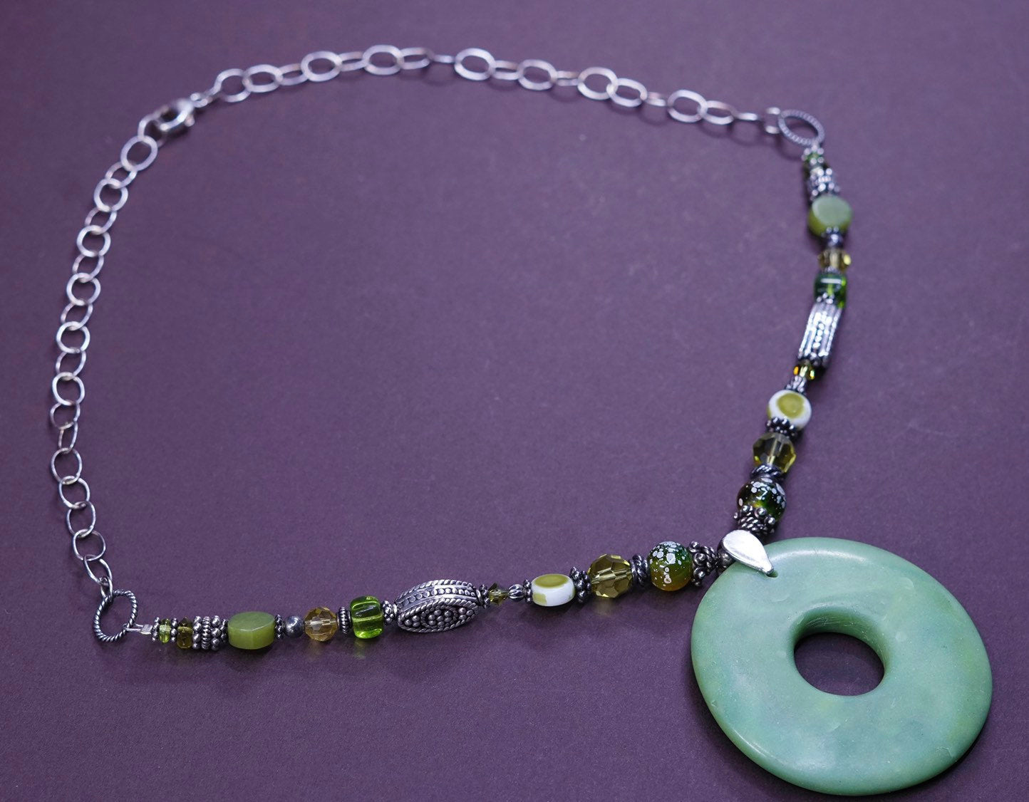 18", Sterling silver beads necklace, circle chain w/ green beads N jade pendant