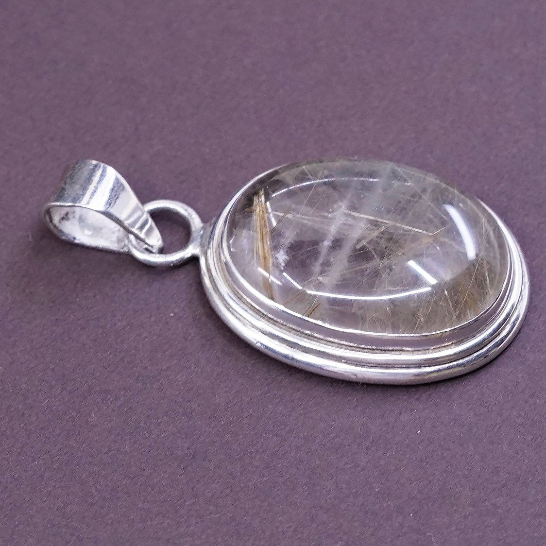 vtg Sterling silver handmade pendant, solid 925 silver with rutilated quartz