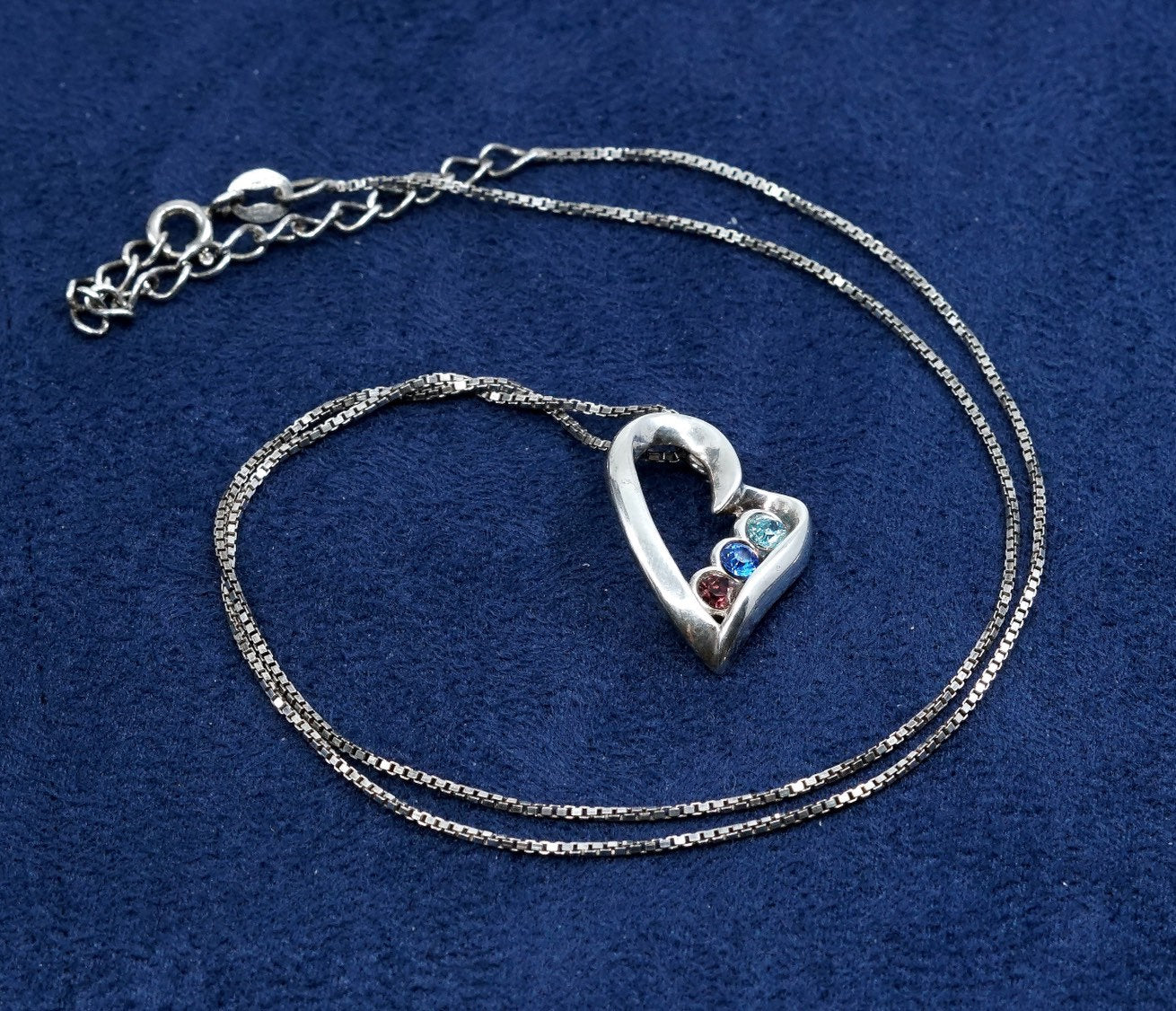 16” vtg Sterling silver handmade necklace, 925 box chain w/ heart pendant N cz