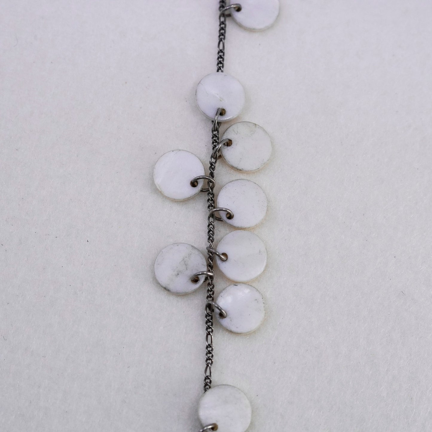 18”, Sterling 925 silver handmade figaro necklace with mother of pearl discs