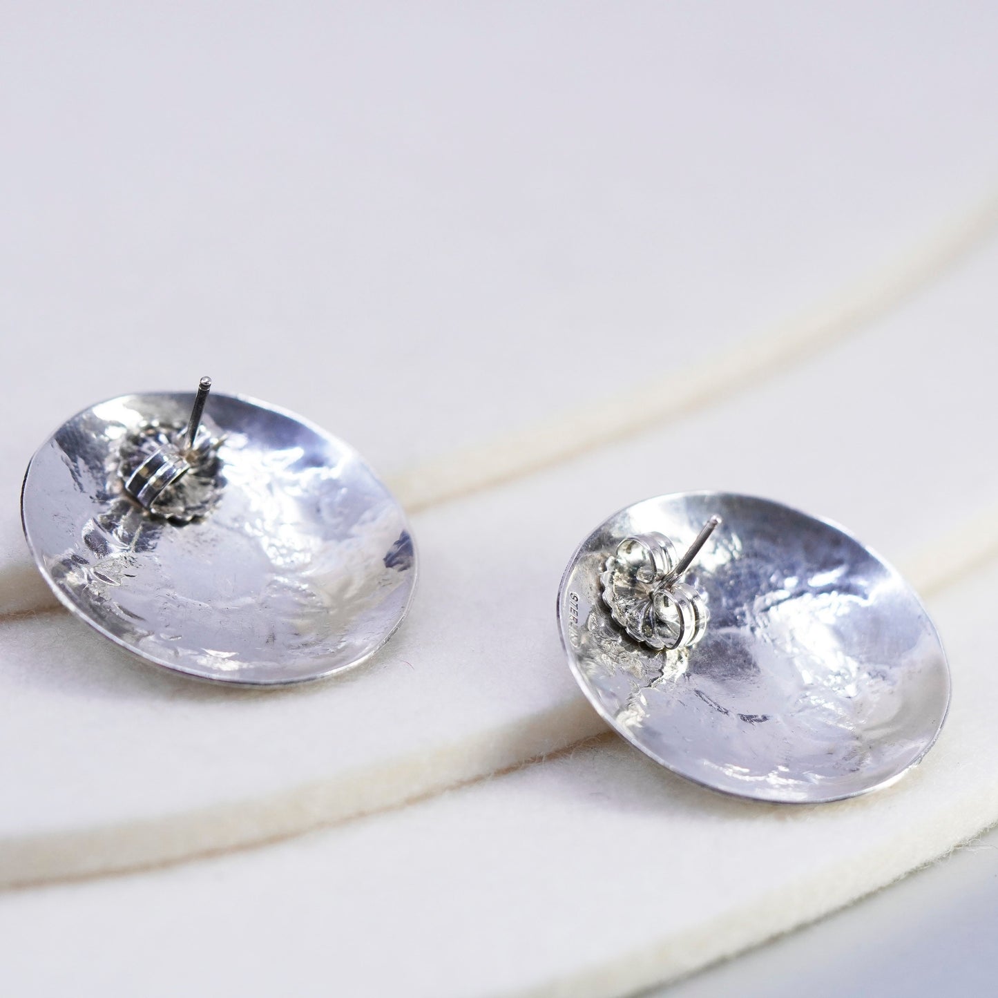 Native American Sterling 925 silver handmade earrings, disc studs obsidian
