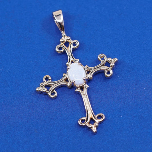 vtg vermeil gold Sterling silver handmade pendant, 925 cross w/ opal