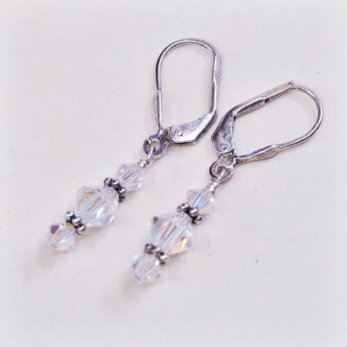 Vtg Sterling silver Handmade earrings w/ Clear Crystal Drop Details, Stamped 925