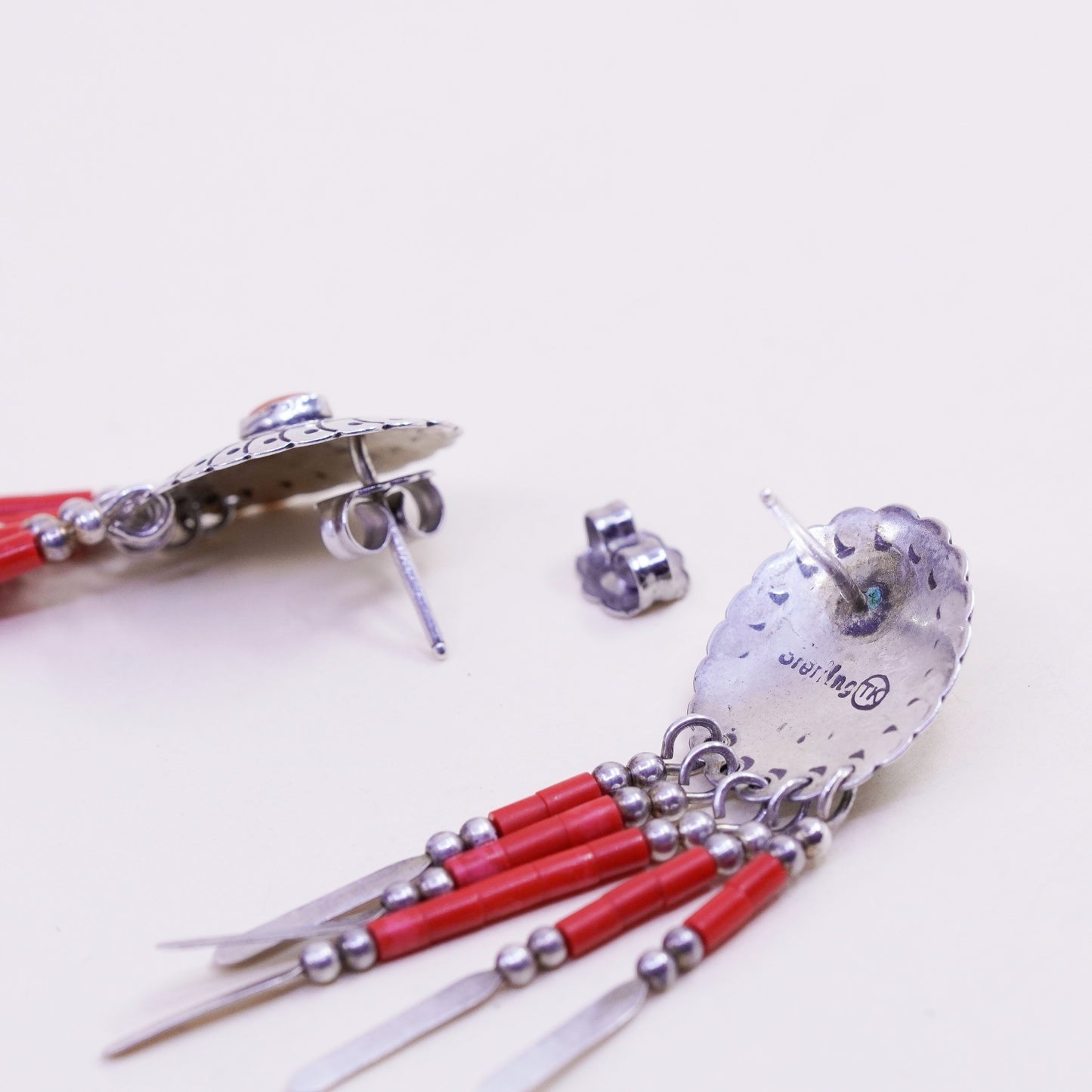 TK Sterling silver earrings, Native American 925 oval coral studs beaded fringe