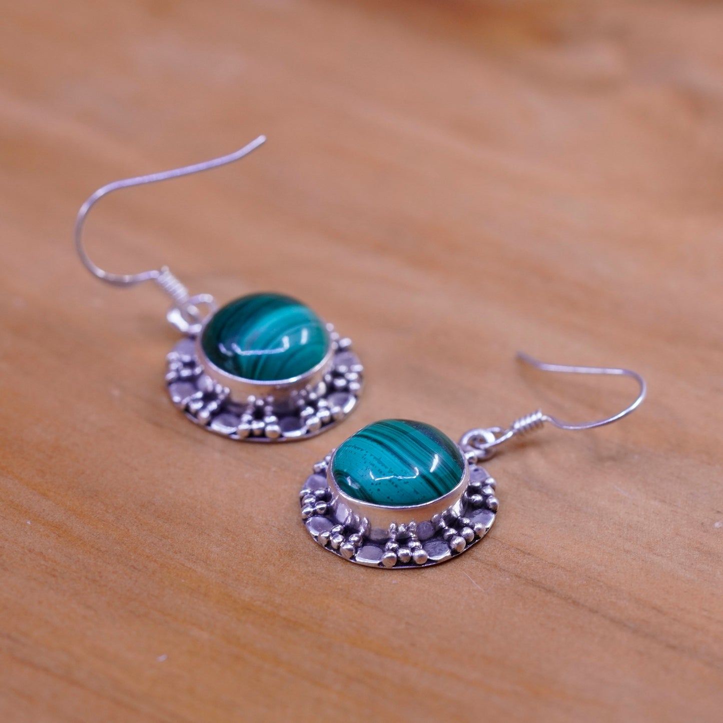 Vintage Sterling 925 silver handmade earrings with round malachite and beads