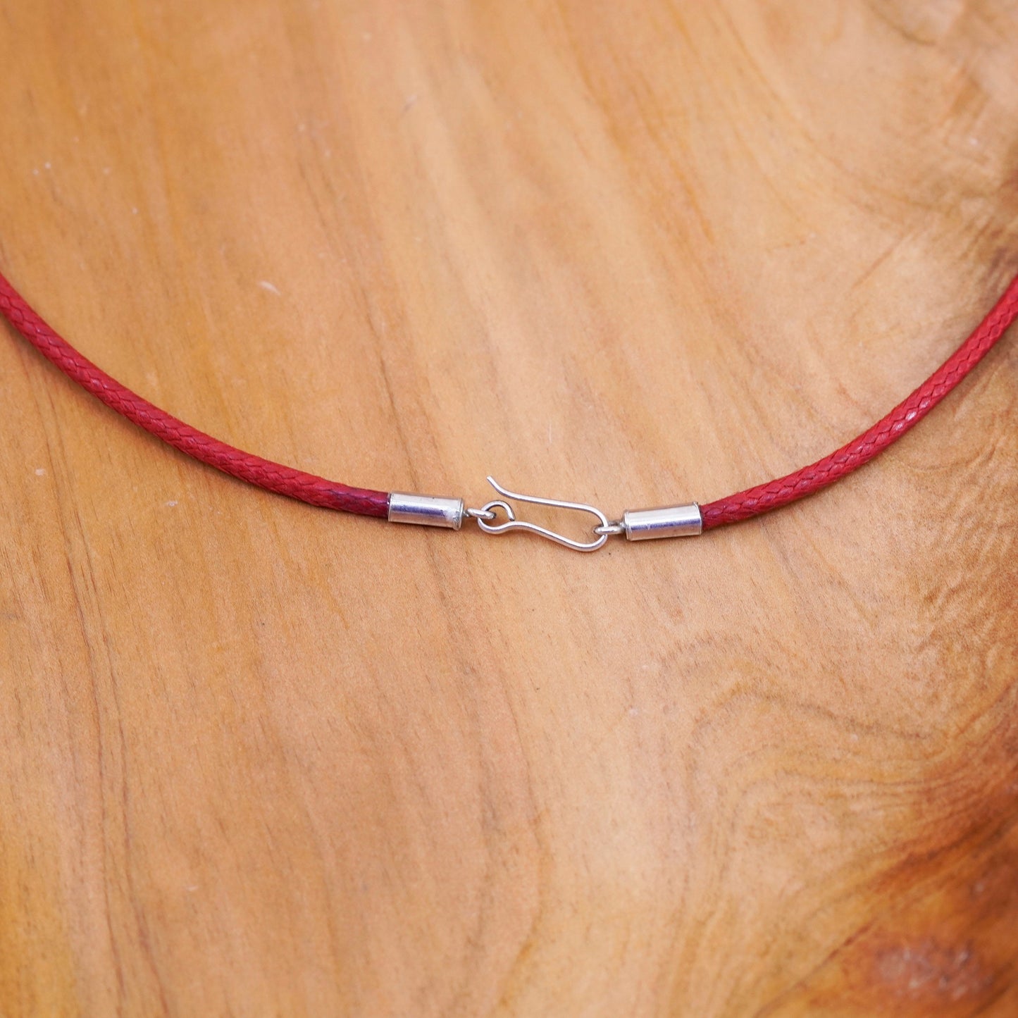 16”, vintage handmade necklace, red linen thread choker sterling silver clasp