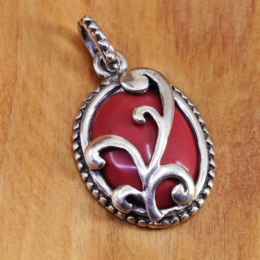 Vintage Sterling silver handmade pendant, Thailand 925 sun red onyx swirly vine