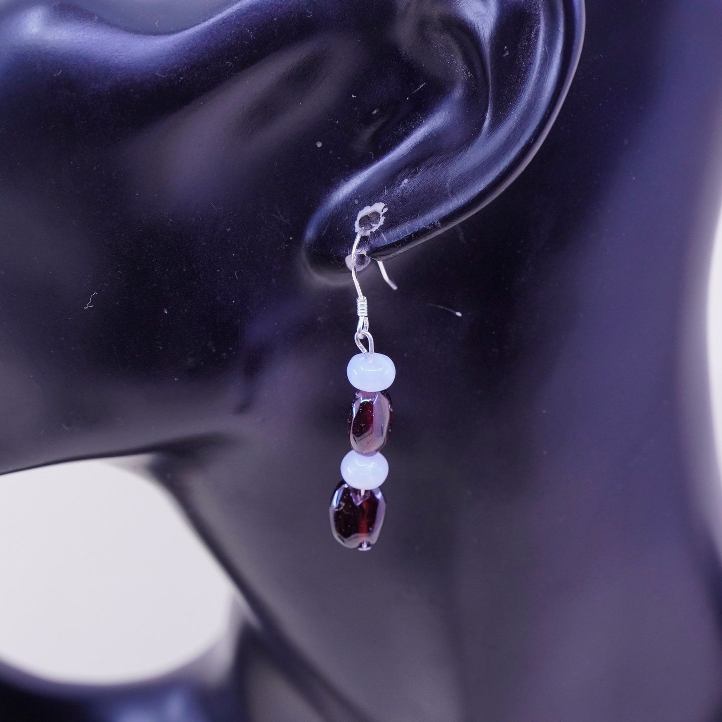 Vintage Sterling silver handmade earrings, garnet agate beads