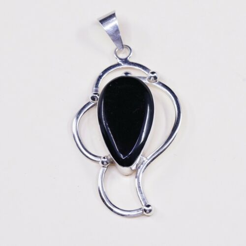 Vtg Mexico Sterling Silver Handmade Pendant 925 w/ Oval Obsidian N Beads