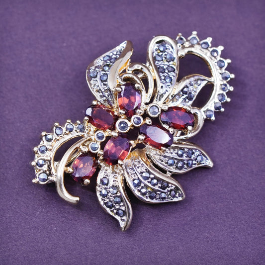 Vermeil gold over handmade sterling 925 silver brooch with ruby and Marcasite