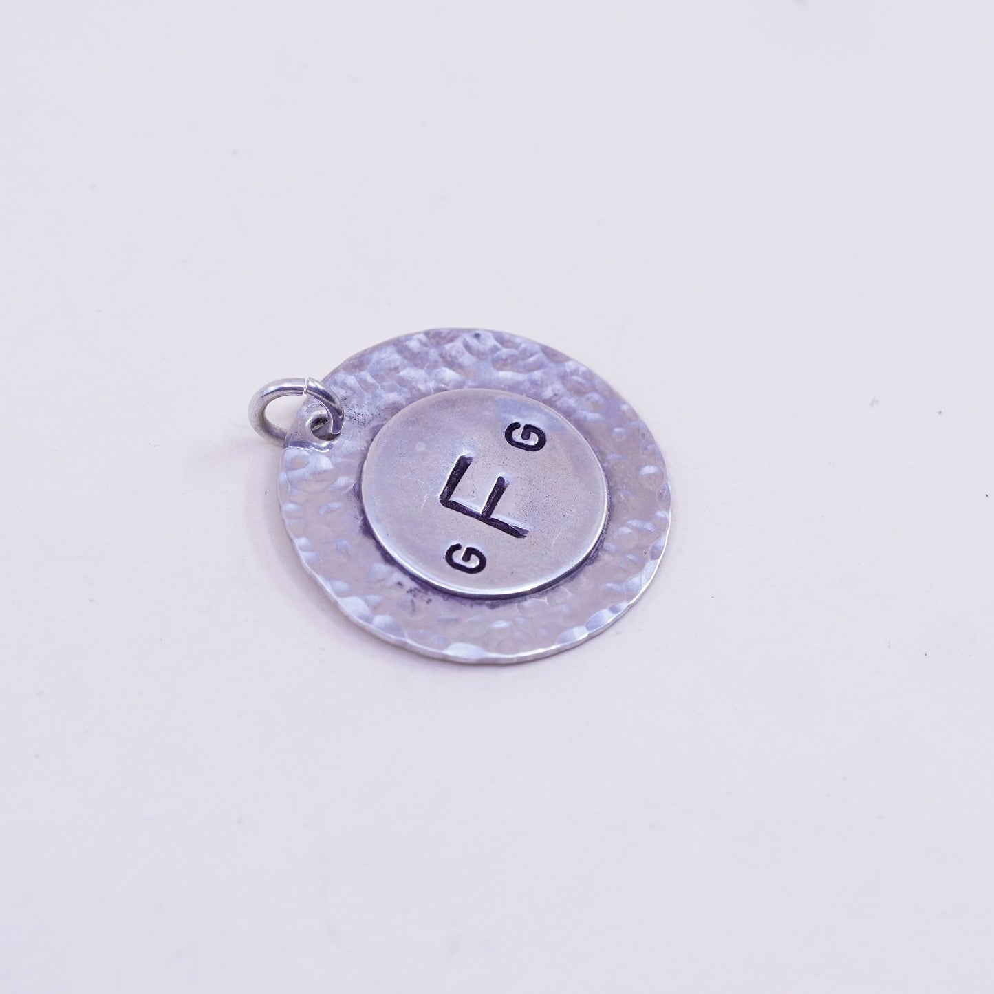 sterling silver handmade pendant, huge 925 hammered circle monogram “GFG”