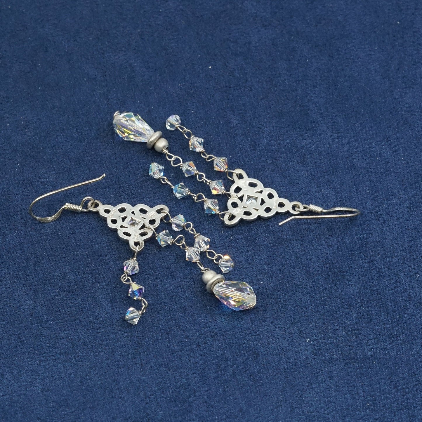 vtg Sterling silver handmade cluster earrings, 925 filigree dangles w/ crystal