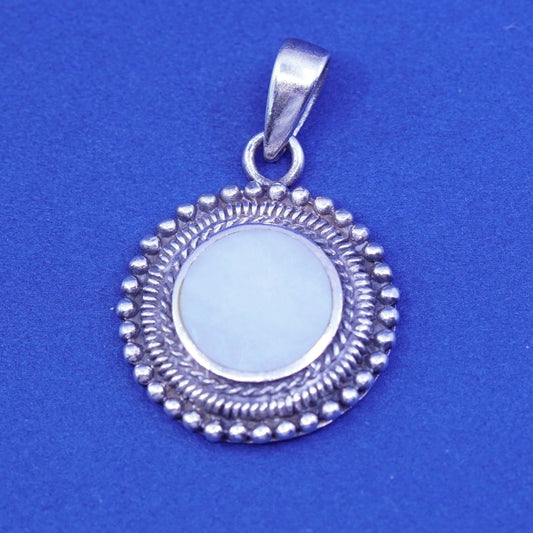 vtg Sterling silver handmade pendant, 925 round pendant mother of pearl beads