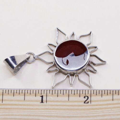 Vintage Sterling Silver Handmade Pendant, 925 W/ Jasper Flower Sun N Moon Face