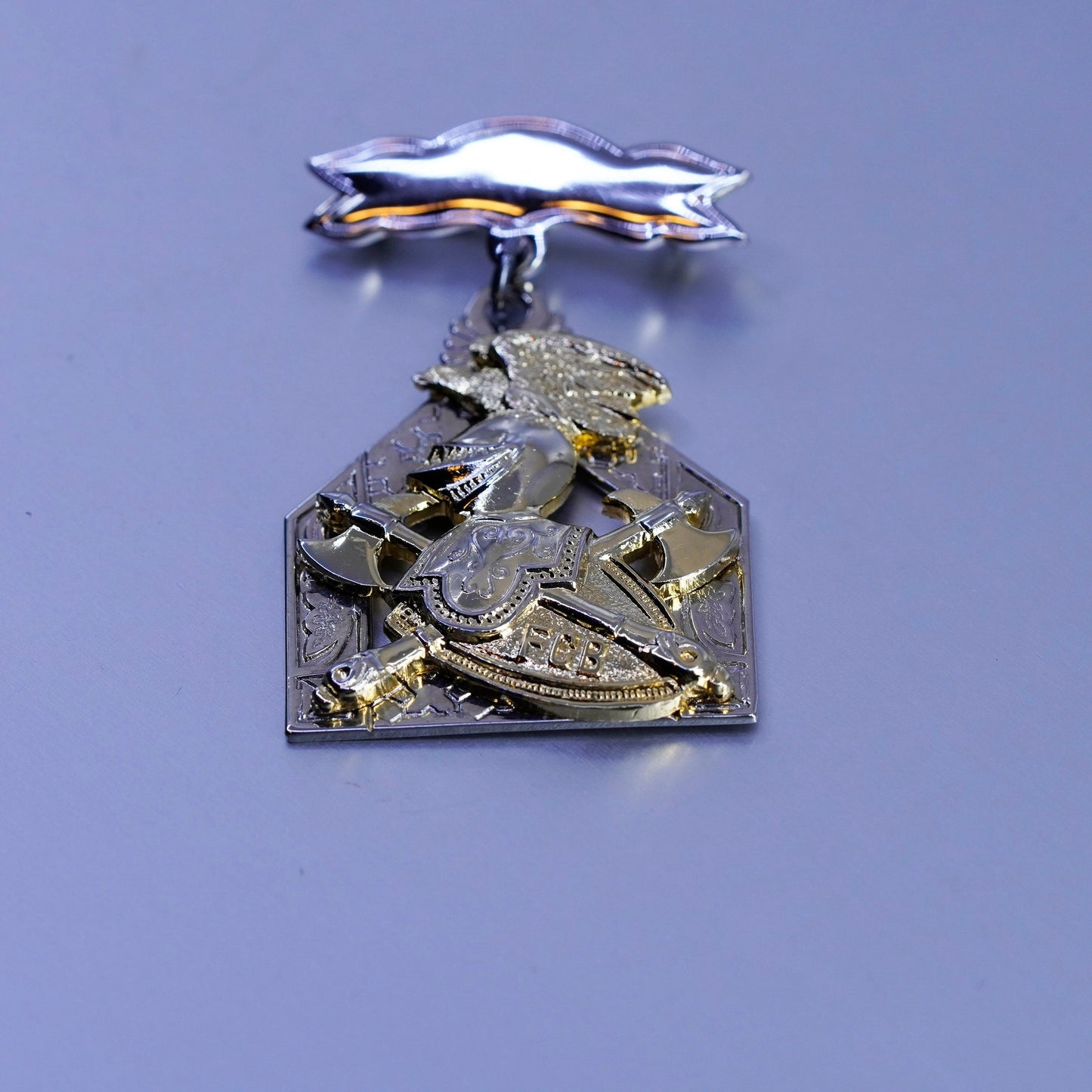 Vintage sterling silver handmade brooch, two tone knight medal