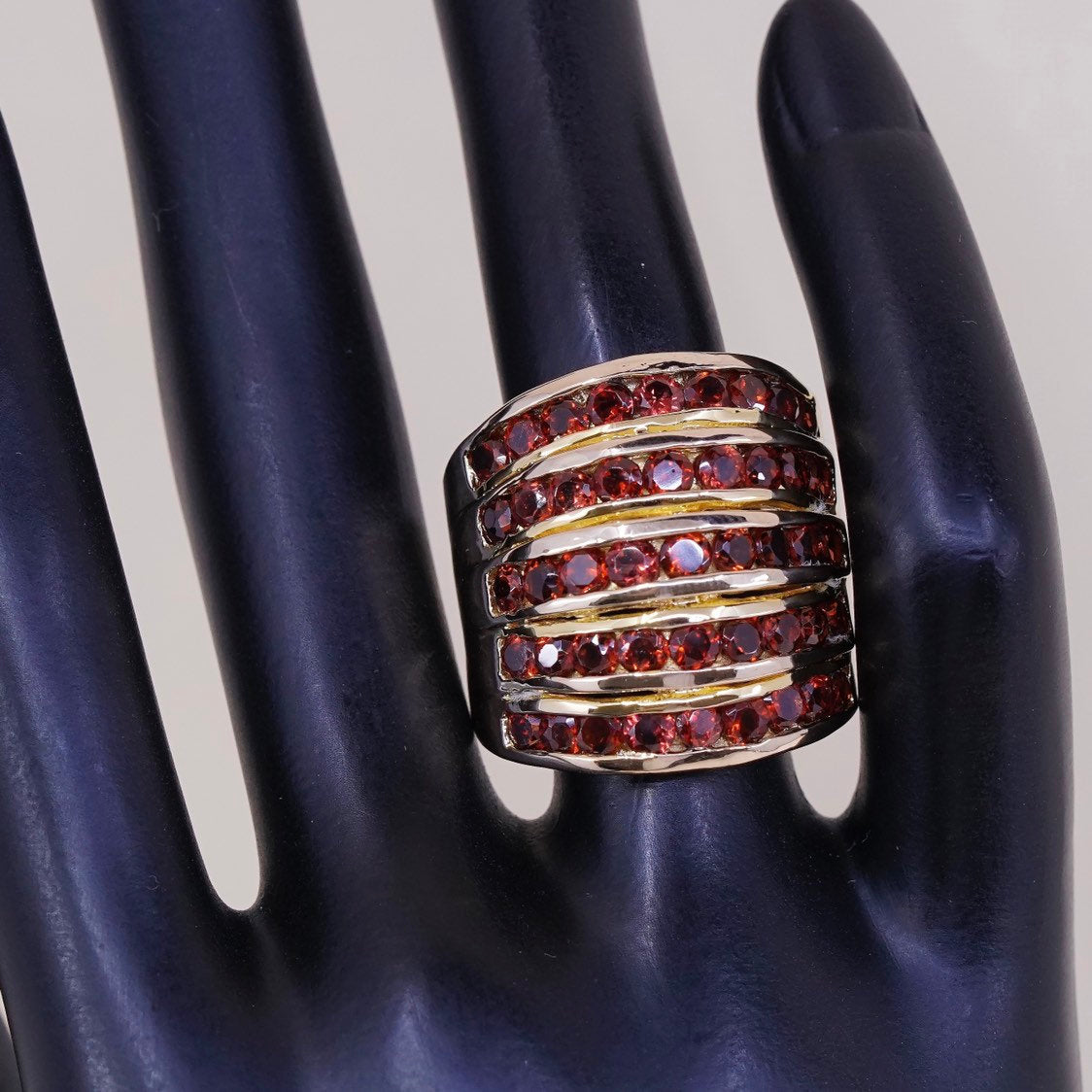 sz 10, vtg Vermeil gold over Sterling silver ring, 925 band w/ cluster ruby