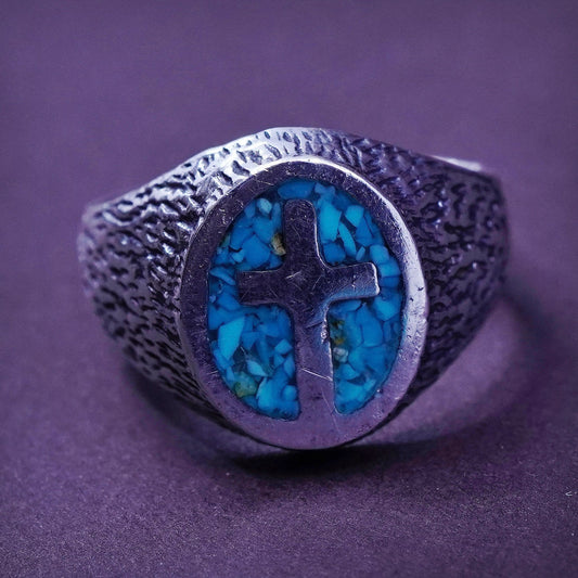 Size 7, zuni Sterling silver ring, Native American 925 cross band w/ turquoise