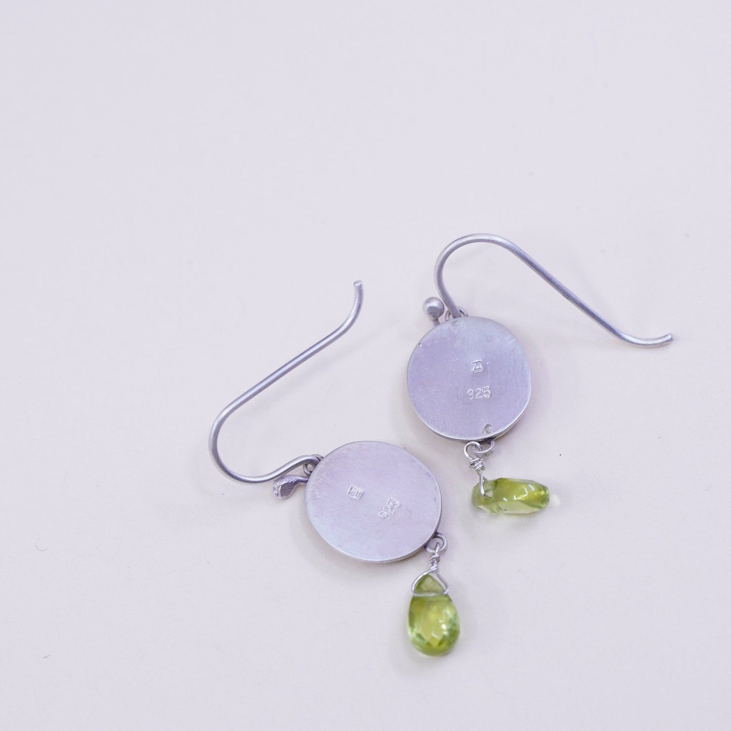 Designer Ananda KHALSA Sterling 925 silver handmade earrings, watercolor green spring maple and peridot drop, stamped 925 A