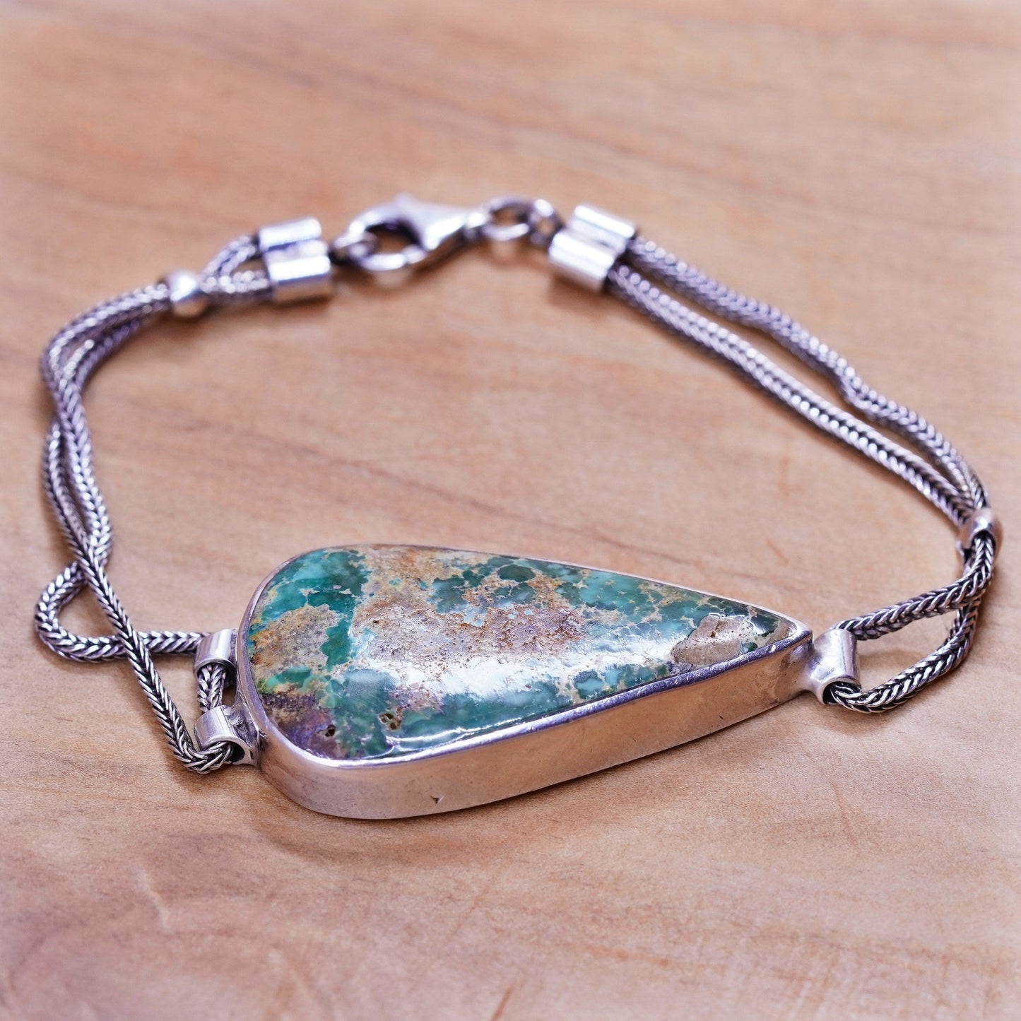 6.5”, Native American Sterling silver bracelet, 925 wheat chain turquoise