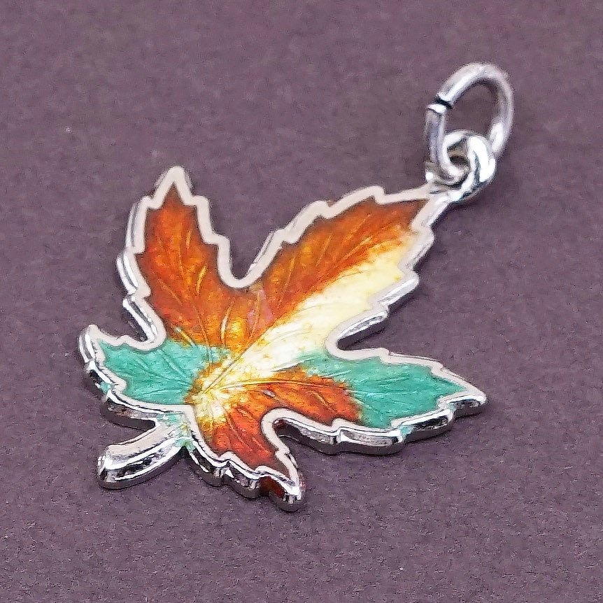 vtg Sterling silver handmade charm, 925 silver colorful enamel leaf pendant