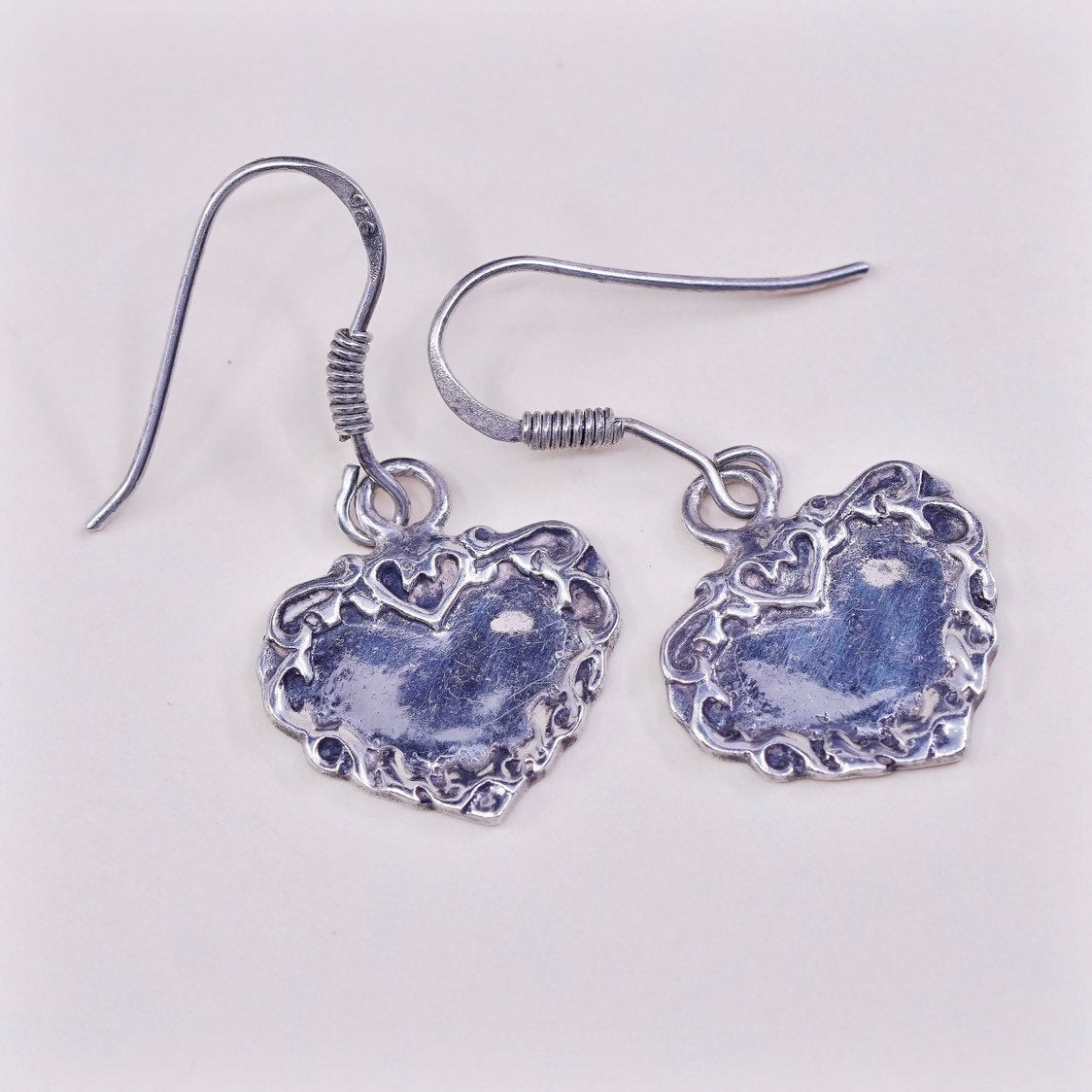 VTG Sterling silver handmade earrings, 925 heart drops, stamped 925