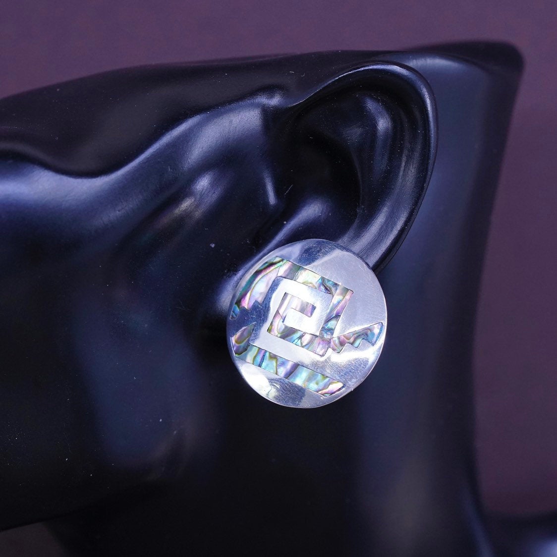 vtg Sterling silver handmade screw back earrings, 925 circle w/ abalone