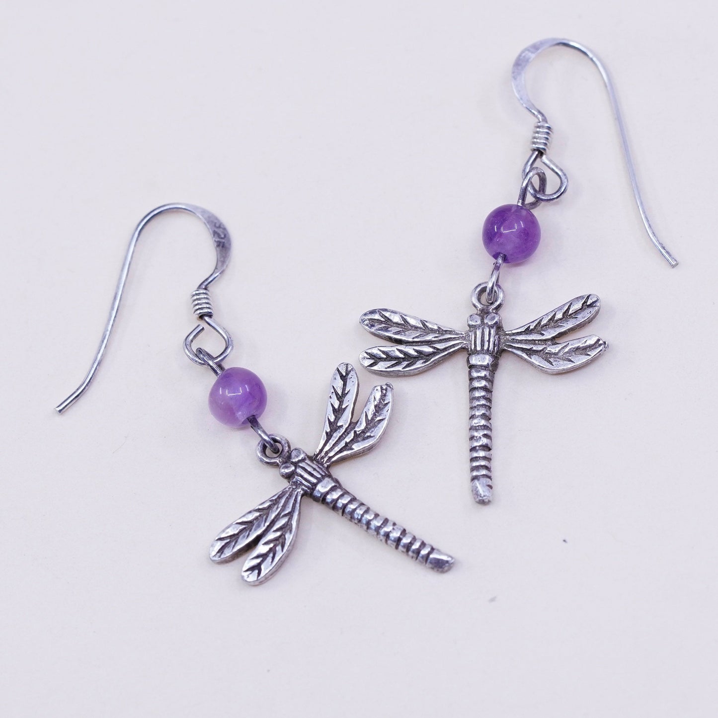 Vintage handmade sterling 925 silver dragonfly earrings with amethyst