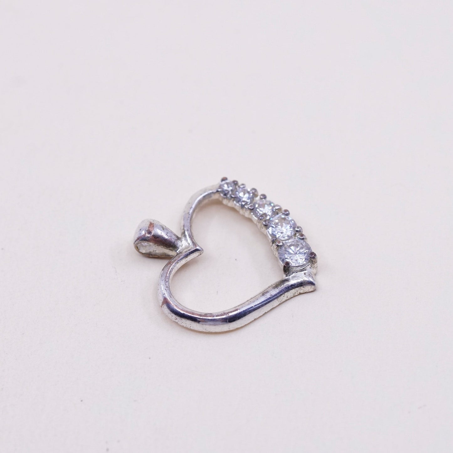 Vintage sterling silver heart shaped charm, 925 silver pendant with Cz