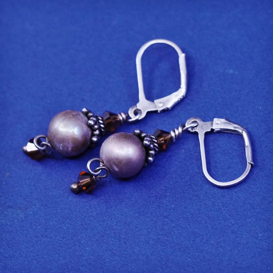 vtg Sterling silver handmade earrings, 925 hooks with purple pearl and crystal