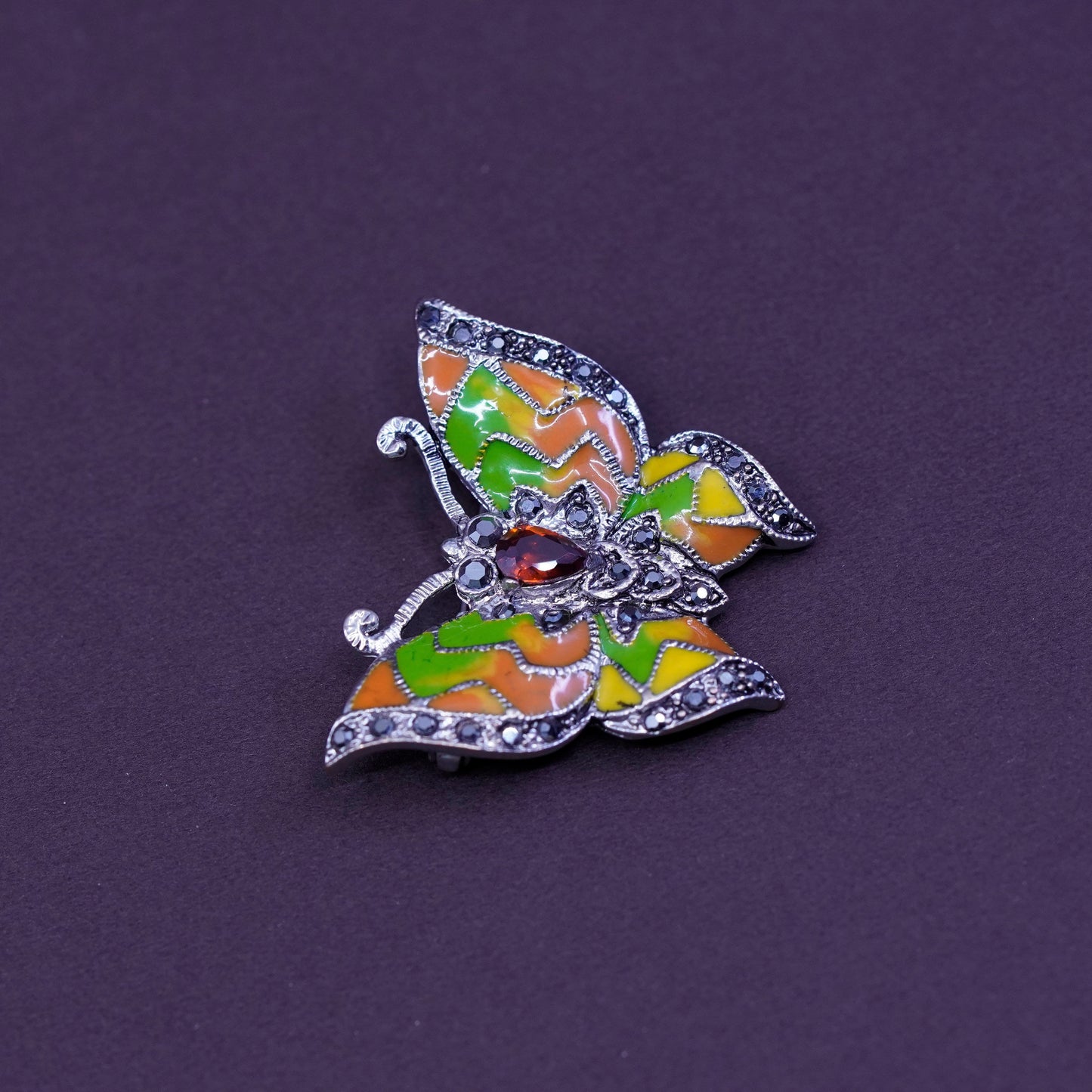 Art Deco southwestern sterling 925 silver butterfly brooch with ruby enamel