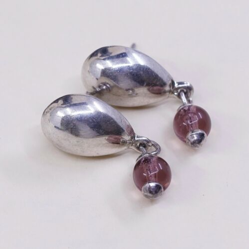 Vtg Sterling Silver Handmade Earrings, 925 Teardrop Dangles W/ Garnet Dangle