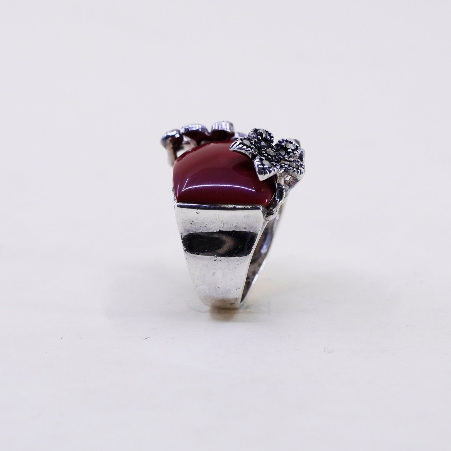 Size 5.5, Sterling 925 silver handmade statement red onyx ring marcasite flower