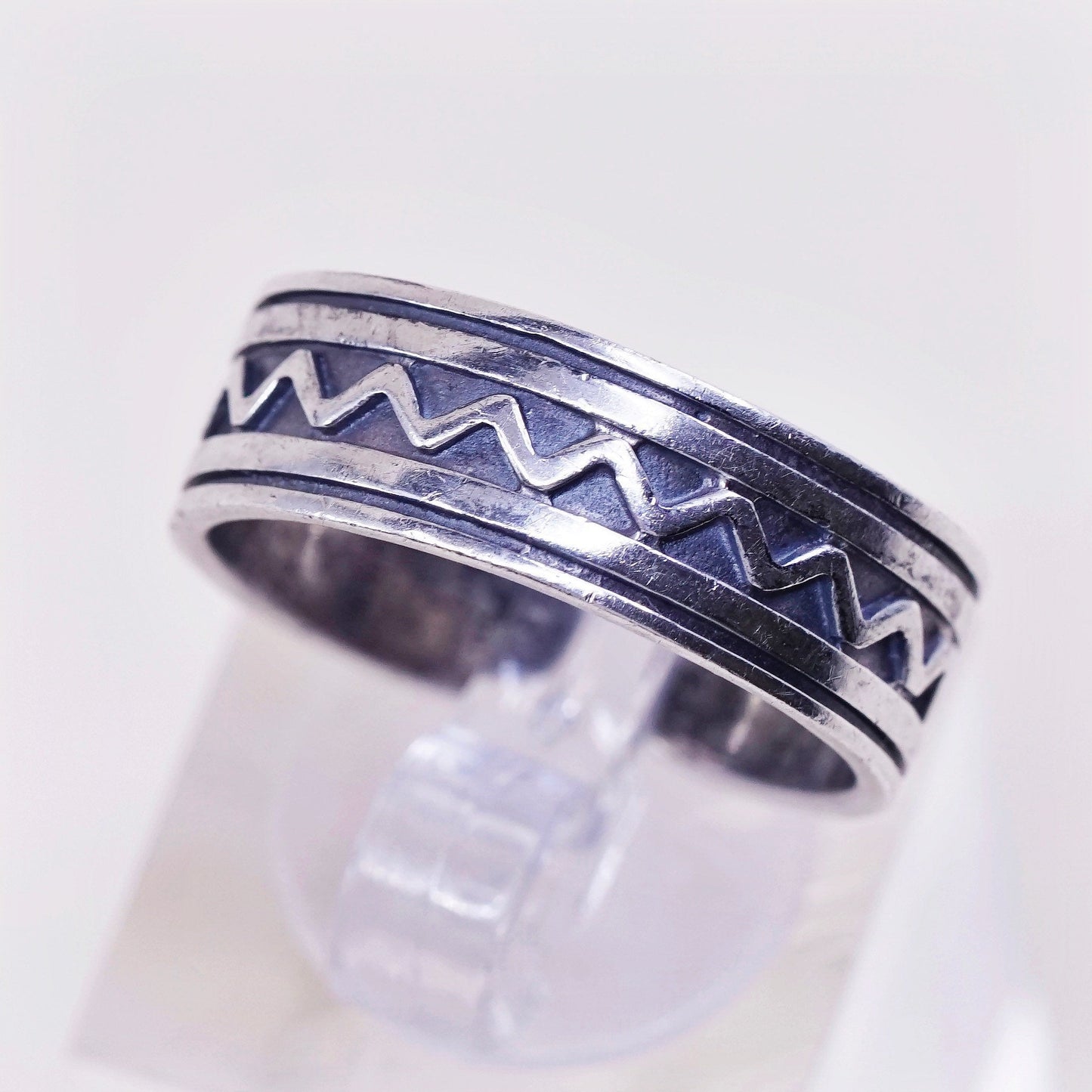 sz 8.75, vintage Sterling silver handmade ring, 925 open band w/ swirl wave