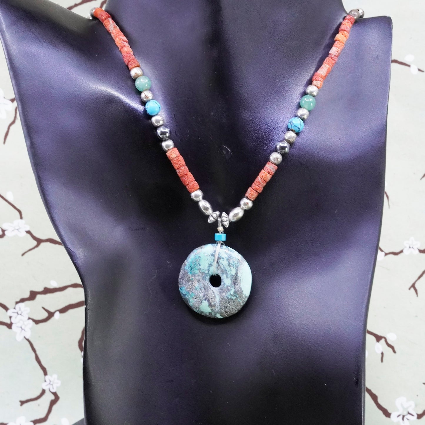 18”, native American Sterling 925 silver necklace, Red Coral heishi turquoise