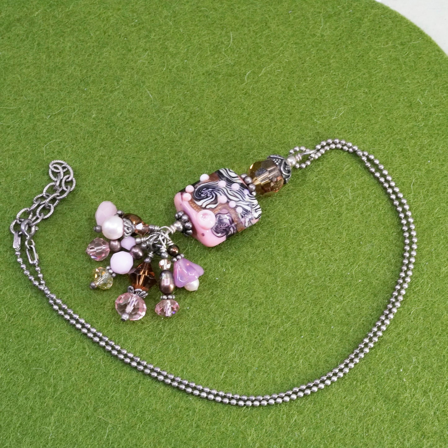 16+2”, sterling silver necklace, 925 bead chain with pink foiled glass Pendant