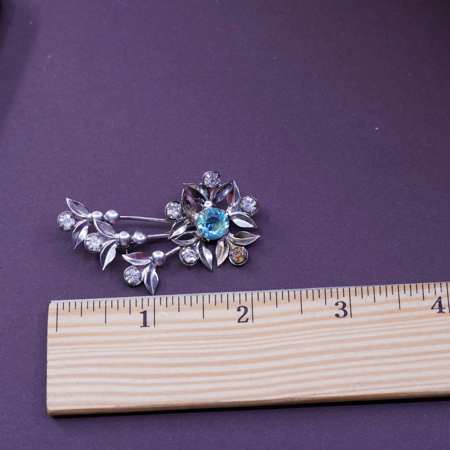 Vintage Art Deco handmade sterling 925 silver flower brooch with blue Crystal